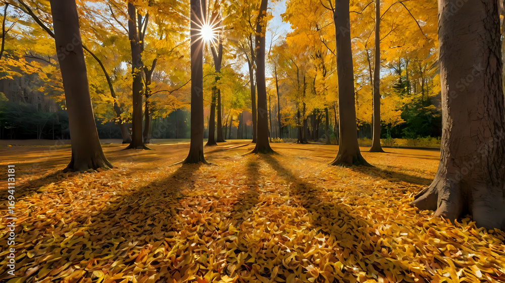 Fototapeta premium Orange and yellow leaves covering the ground with sunlight streaming through tall trees