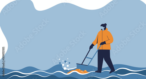 Person shoveling snow outdoors in winter clothing. Focus on seasonal maintenance, home care, and cold weather tasks.
