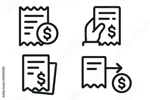 Minimalistic vector icons of receipts and financial transactions, money payment concepts, invoice designs, dollar currency symbols, hand holding receipt illustration, business finance icons set