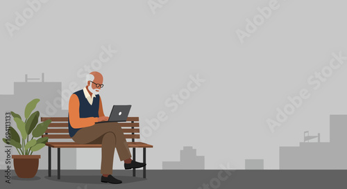 Senior man using a laptop on a park bench in an urban setting, showcasing digital literacy, leisure, and active retirement. Ideal for themes of technology, education, and lifestyle.