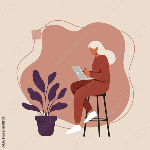 Woman working remotely on a laptop with a pen, focused on her tasks in a cozy home environment. Ideal for business, freelance, and online learning concepts.