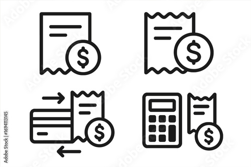 Minimalist financial icons set with receipts, transactions, credit card, calculator, dollar signs, payment symbols, accounting concepts, business finance vector illustration