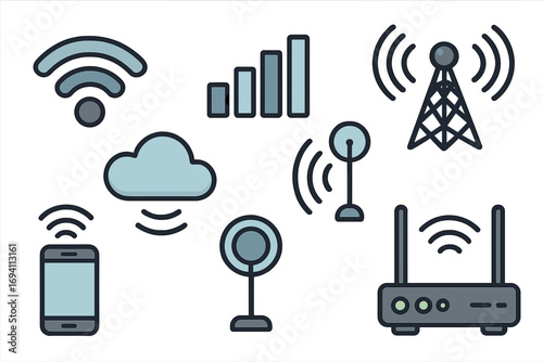 Wireless technology icons set, network connectivity symbols including 4G 5G signals, WiFi router, cloud computing, mobile phone, data transmission, vector cartoon illustration