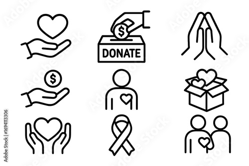 Charity and donation line icon set. Vector collection for concepts of giving, support, volunteering, love, care, help, community, hope, and fundraising for a cause.