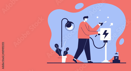 Man charges an electric vehicle at a public charging station, representing sustainable transportation, green energy, and modern technology. Ideal for environmental and business concepts.