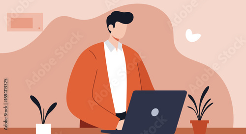 Man diligently working on his laptop in a modern, minimalist environment. Represents remote work, productivity, business, and digital lifestyle.