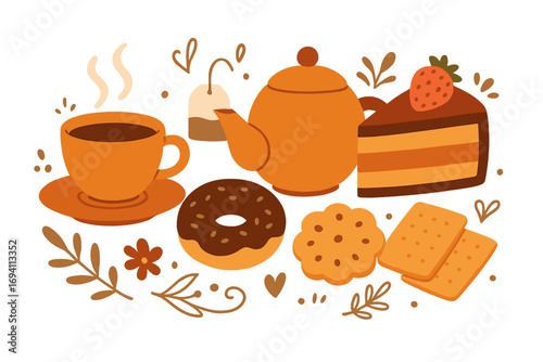 Cozy cafe tea time illustration with sweets, cookies, chocolate donut, strawberry cake, teapot, tea cup, decorative elements, warm inviting atmosphere, vector cartoon design