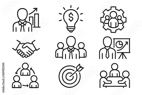 Minimalist business and teamwork icons set. Line art vector illustration with transparent background. Concepts of growth, innovation, leadership, handshake, target, collaboration, presentation.