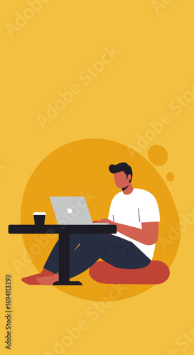 Man working on laptop with coffee, comfortably seated. Ideal for remote work, freelancing, online learning, digital lifestyle, productivity, and modern flexible employment concepts.