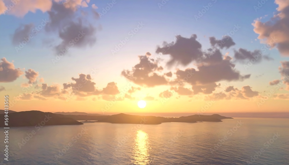 Fototapeta premium A serene vista captures the golden sunrise over a vast ocean. Islands dot the horizon, framed by fluffy clouds as the sun's rays bathe the scene in warm hues. The sky is painted with orange and violet