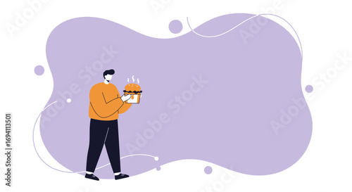 Stylish flat illustration of a man holding a steaming hot burger, perfect for fast food delivery, takeaway, or quick meal promotions. Modern lifestyle concept.