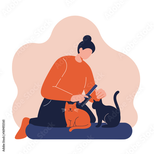 Woman grooming two cats at home, illustrating daily pet care and a loving bond. Ideal for pet ownership, animal welfare, or domestic lifestyle themes.