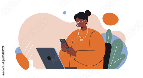 Woman working on laptop and smartphone, illustrating remote work, multitasking, or online communication for business and lifestyle.