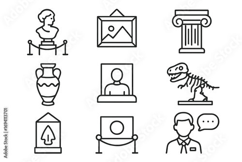 Museum exhibit icon set with artifacts, gallery displays, ancient sculptures, pottery, dinosaur skeleton, and informational guide in linear art style, vector cartoon illustration