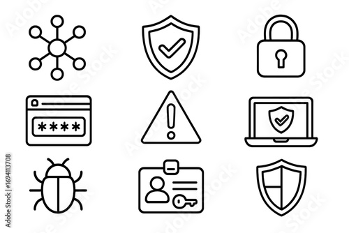 Cybersecurity icon set. Network protection, data security, and internet safety outline icons. Vector symbols for virus, password, lock, shield, privacy, and user access.