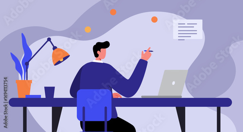 Professional illustration of a man engaged in work, writing, or planning at his desk with a laptop. Perfect for business, education, and freelance themes.