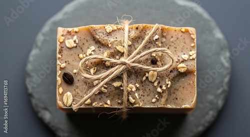 Natural Handmade Soap Bar with Coffee and Oats Tied with Twine on Slate