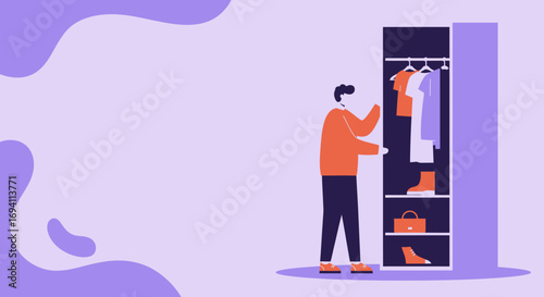 Man organizing his wardrobe, selecting outfits for daily life or travel. Concept of fashion, morning routine, or personal style.