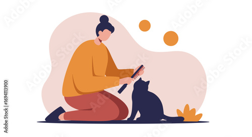 Woman tenderly brushes her cat, illustrating pet care, companionship, and a domestic lifestyle. Ideal for veterinary, pet product, or home living concepts.