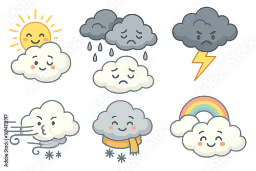 Weather and mood illustrations depicting various atmospheric conditions and emotional states for visual communication, cute vector cartoon clouds sun rain lightning snow rainbow transparent