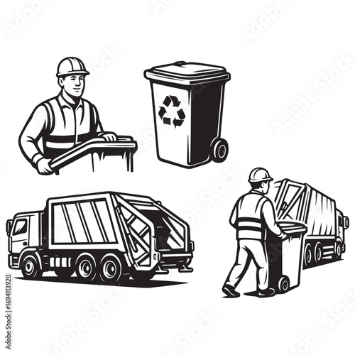 Trash utility, disposal and recycling concept set Vector