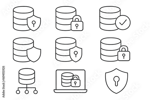 Database security linear icon set. Data protection, information storage, server safety. Network privacy, access control, cybersecurity pictogram collection. Lock, shield icons.