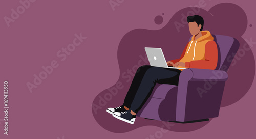 Young person comfortably working or studying remotely from home, using a laptop on a recliner. Represents modern freelance, online education, or leisure with technology.