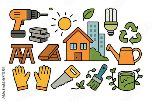 Home improvement tools and sustainable living icons for weekend DIY projects in urban settings with eco-friendly elements and energy-saving concepts, vector cartoon illustration