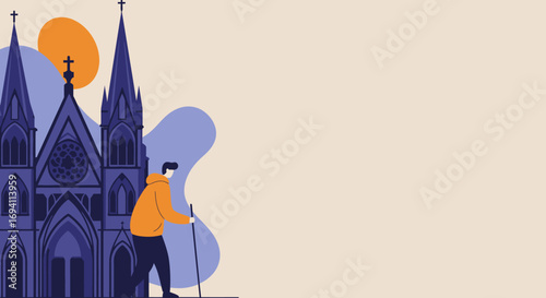 A person walks past a grand gothic cathedral with spires and a circular window, under an orange sun. Represents travel, exploration, and spirituality.