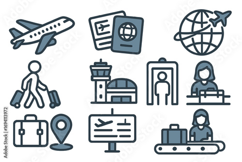 Travel icons representing air travel, airport procedures, luggage handling, boarding passes, security checks, airport terminal, flight information, global travel concept, vector illustration
