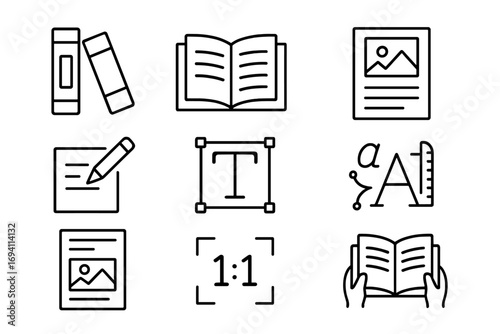 Publishing and editorial linear icon set. Vector outline icons for book layout, typography, writing, and editing. Graphic design elements for digital content creation, journalism, and media.