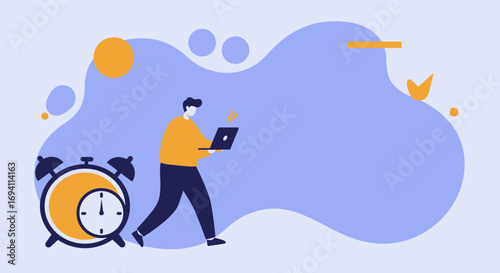 Motivated person with laptop works diligently next to an alarm clock, illustrating urgent tasks, time management, and efficient digital productivity.