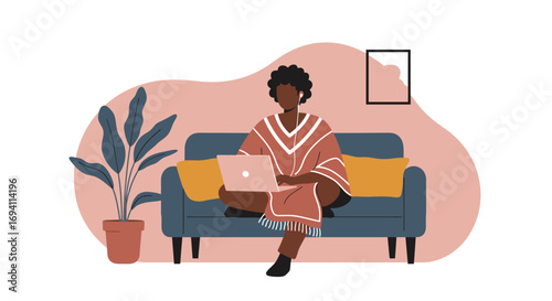 Person working remotely on a laptop from a comfortable sofa at home, embodying a digital lifestyle and flexible work.