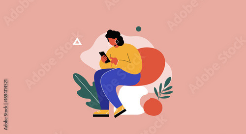 Flat design illustration of a woman using her smartphone, depicting digital communication, social media, or online content consumption in a modern, casual setting.