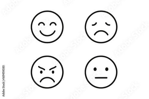 Emotions and expressions line icon set. Simple vector faces showing feelings. Happy, sad, angry and neutral mood emoticons. Minimalist outline face symbol collection.
