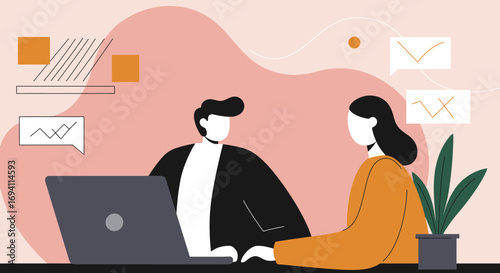 Two professionals collaborate on a project with a laptop, discussing data and strategy in a modern office setting. Ideal for business, teamwork, and communication concepts.