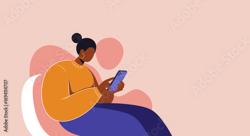 Stylish woman uses a smartphone in a relaxed setting, representing digital communication, social media, and online connectivity. Ideal for technology, lifestyle, and business content.