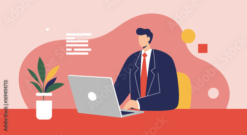 Professional businessman in a suit diligently working on a laptop at his desk, representing productivity, remote work, and modern office life. Ideal for business and technology themes.