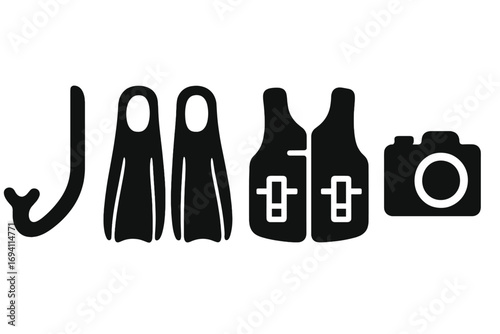 Diving equipment silhouette icon set. Snorkel, fins, vest, and camera icons for scuba diving or snorkeling. Vector illustration for summer vacation and underwater activity.
