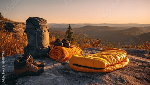 Hiking gear spread on a rocky summit at sunset