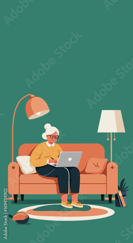 Elderly woman comfortably working on a laptop from her home sofa. She's focused, engaged in online activity, highlighting digital literacy and remote work for seniors.