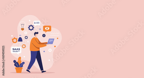 Man using laptop surrounded by business and technology icons, representing software development, innovation, and digital solutions. Ideal for SaaS, IT, or startup concepts.