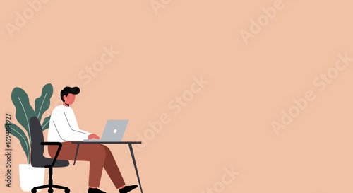 An illustration of a focused man working remotely on his laptop at a modern desk with a plant. Ideal for themes of productivity, online education, or freelance work.