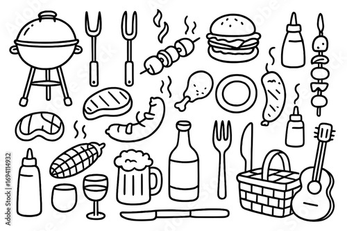 Hand drawn barbecue elements in doodle style. Grill food, picnic essentials, and summer party icons. Vector line art of steak, burger, sausage, corn, and beer for a BBQ.
