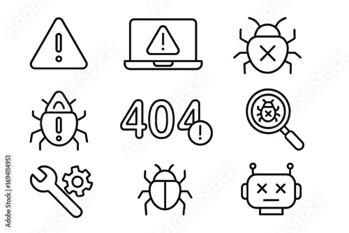 Error line icon set. Bug, 404 page not found, and system warning signs. Vector icons for debugging, programming, tech support, repair, and website maintenance. Glitch, alert, robot.