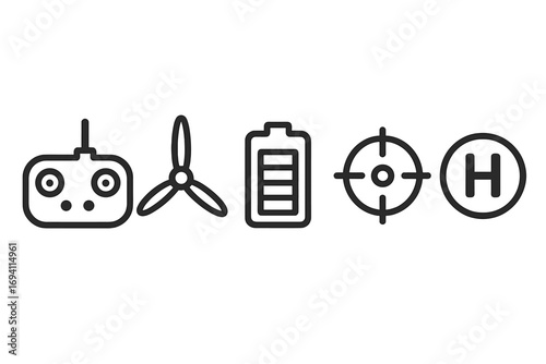 Drone equipment icon set with remote control, propeller, battery, target, and helipad. Minimalist line art vector illustration for UAV, quadcopter flight technology.