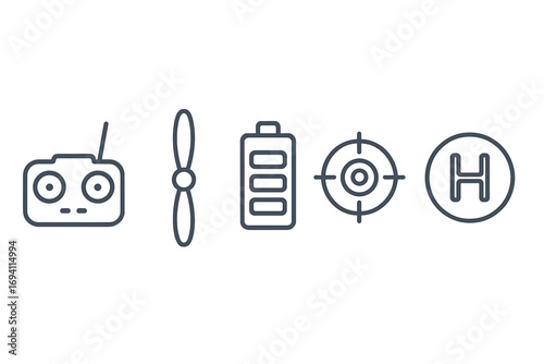 Drone equipment icon set. Minimal line art of remote, propeller, battery, target, helipad. Vector illustration for UAV, quadcopter technology, and aerial control concepts.