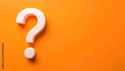 3D white question mark on a vivid orange background, representing curiosity, problem solving, help, or uncertainty.