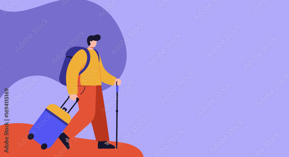 Fototapeta premium A flat illustration depicting a man traveling with a backpack, rolling luggage, and a walking stick, ready for adventure. Ideal for travel, tourism, or exploration concepts.