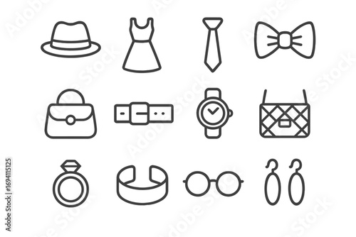 Fashion accessories line icon set. Clothes and jewelry outline collection. Vector illustration of hat, dress, tie, bowtie, bag, belt, watch, ring, glasses and earrings.